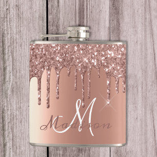 Monogram Rose Gold Glitter Drips Girly Sparkle Flask