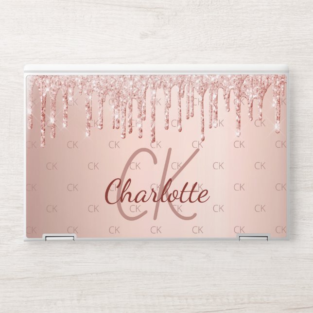 Monogram rose gold glitter drips pink luxury HP laptop skin (Front)