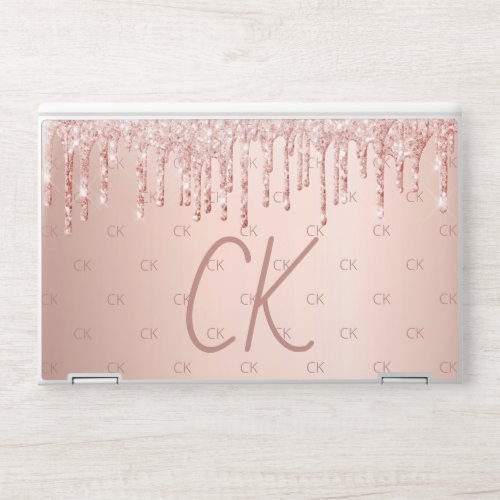 Monogram rose gold glitter drips pink luxury HP laptop skin