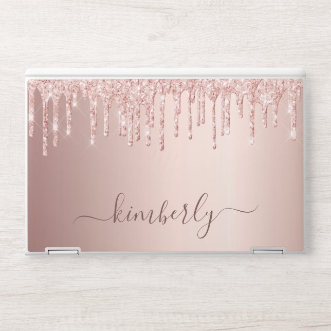 Monogram rose gold glitter drips pink script HP laptop skin (Front)
