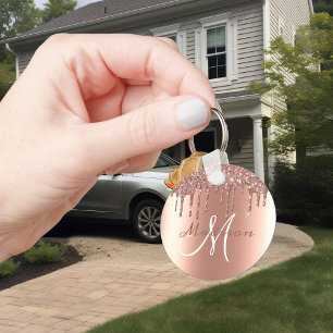 Monogram Rose Gold Glitter Drips Sparkle Keychain