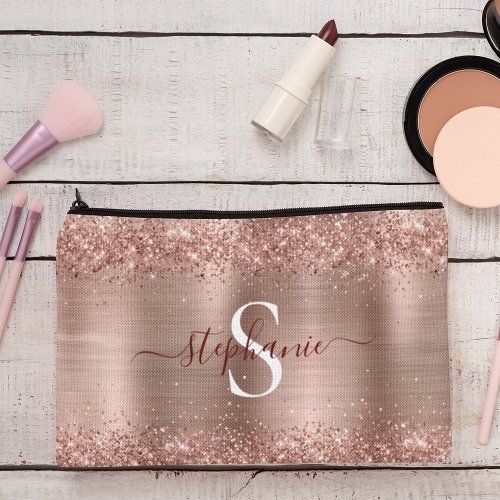 Monogram Rose Gold Glitter Girly Glam Accessory Pouch