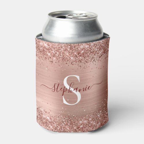 Monogram Rose Gold Glitter Girly Glam Can Cooler