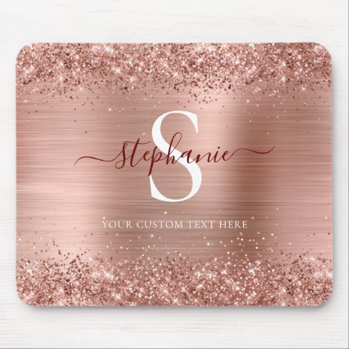 Monogram Rose Gold Glitter Girly Glam Mouse Pad