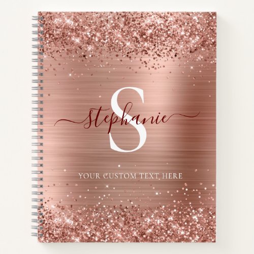 Monogram Rose Gold Glitter Girly Glam Notebook