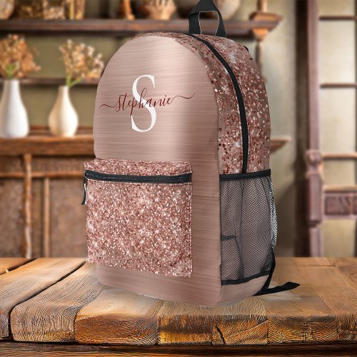 Monogram Rose Gold Glitter Girly Glam Printed Backpack