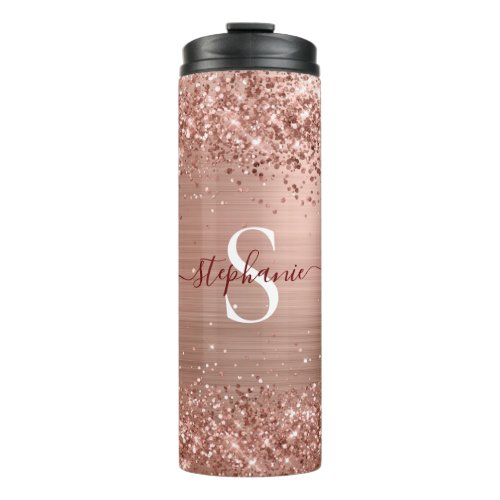 Monogram Rose Gold Glitter Girly Glam Thermal Tumbler