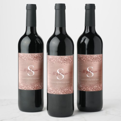 Monogram Rose Gold Glitter Girly Glam Wine Label