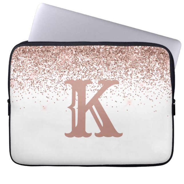 Monogram Rose Gold Glitter Girly Personalized Laptop Sleeve (Front)