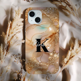 Monogram Rose Gold Glitter Marble iPhone 15 Case