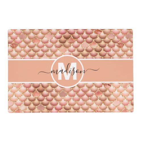 Monogram Rose Gold Glitter Mermaid Scales Fun  Placemat