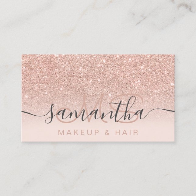 Monogram rose gold glitter ombre blush makeup hair business card (Front)