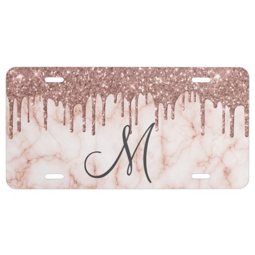 Monogram Rose Gold Glitter Ombre Glitter Drips License Plate