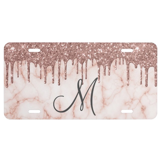 Monogram Rose Gold Glitter Ombre Glitter Drips License Plate (Front)