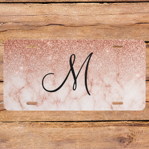 Monogram Rose Gold Glitter Ombre Trendy Marble License Plate