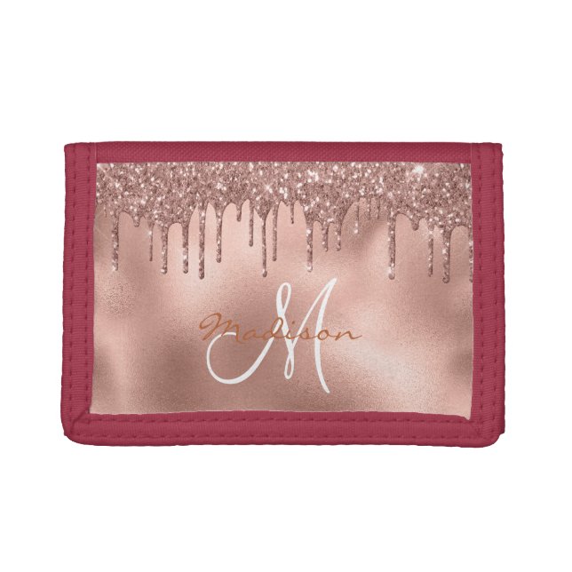 Monogram Rose Gold Glitter Personalized Trifold Wallet (Front)