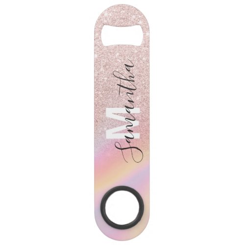 Monogram rose gold glitter pink rainbow marble bar key