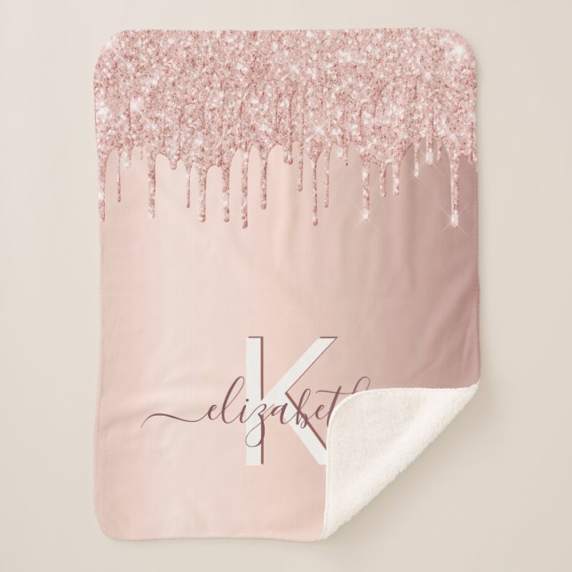 Monogram rose gold glitter pink sparkle name sherpa blanket Zazzle