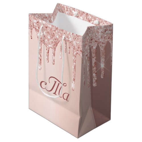 Monogram rose gold glitter pink sparkle wedding medium gift bag