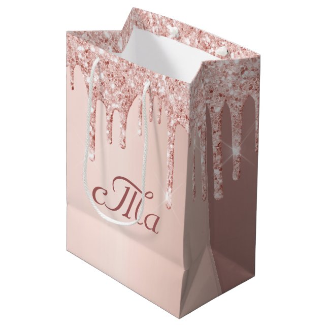 Monogram rose gold glitter pink sparkle wedding medium gift bag (Front Angled)