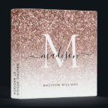 Monogram Rose Gold Glitter Script Office School 3 Ring Binder<br><div class="desc">Elegant Monogram Rose Gold Glitter Sparkle White Script Name Home Office Professional Work Back to School Recipe Cookbook 3 ring binder</div>