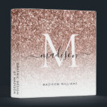 Monogram Rose Gold Glitter Script Office School 3 Ring Binder<br><div class="desc">Elegant Monogram Rose Gold Glitter Sparkle White Script Name Home Office Professional Work Back to School Recipe Cookbook 3 ring binder</div>