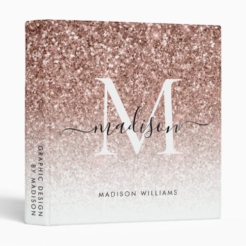 Monogram Rose Gold Glitter Script Office School 3 Ring Binder