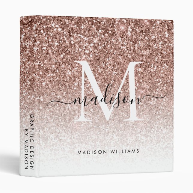 Monogram Rose Gold Glitter Script Office School 3 Ring Binder (Front/Spine)