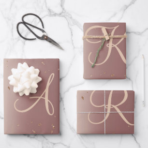 Monogram Rose Gold Glitter Script Trendy Wrapping Paper Sheets