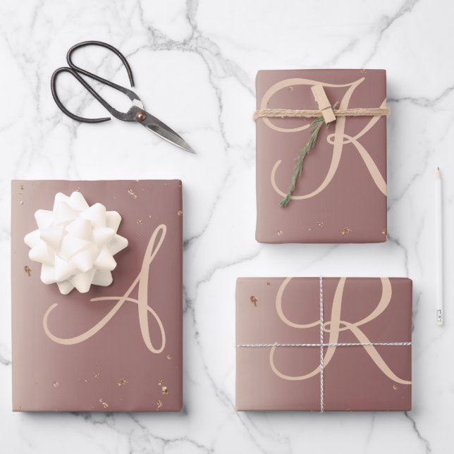 Monogram Rose Gold Glitter Script Trendy Wrapping Paper Sheets (Front)