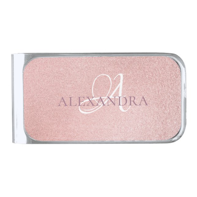 Monogram Rose gold glitter Silver Finish Money Clip (Front)