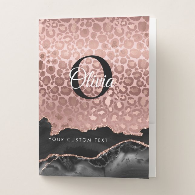 Monogram Rose Gold Leopard And Black Marble Office Pocket Folder (Front)