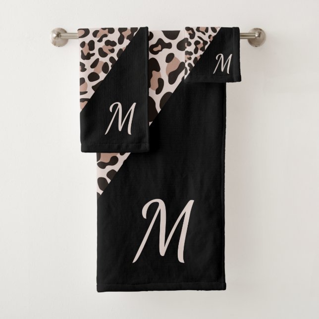 Monogram Rose Gold Leopard Print Trendy Bath Towel Set (Insitu)