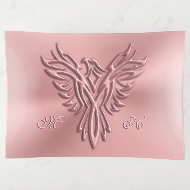 Monogram, Rose-gold look phoenix, embossed effect Trinket Tray (Front)