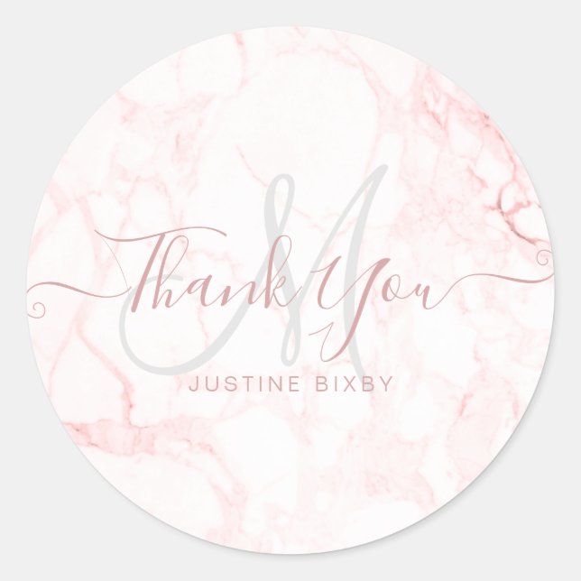 Monogram Rose Gold Marble Chic Script Thank You Classic Round Sticker (Front)