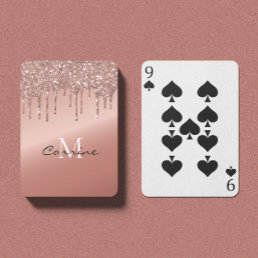 Monogram Rose Gold Metallic Dripping Glitter Playing Cards