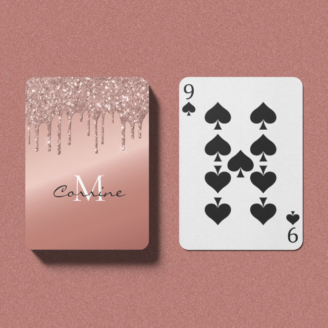 Monogram Rose Gold Metallic Dripping Glitter Playing Cards