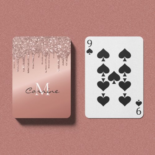 Monogram Rose Gold Metallic Dripping Glitter Poker Cards