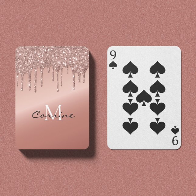 Monogram Rose Gold Metallic Dripping Glitter Poker Cards (Creator Uploaded)