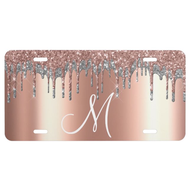 Monogram Rose Gold Metallic Faux Glitter Drips License Plate (Front)