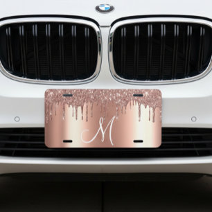 Monogram Rose Gold Metallic Glitter Drips License Plate