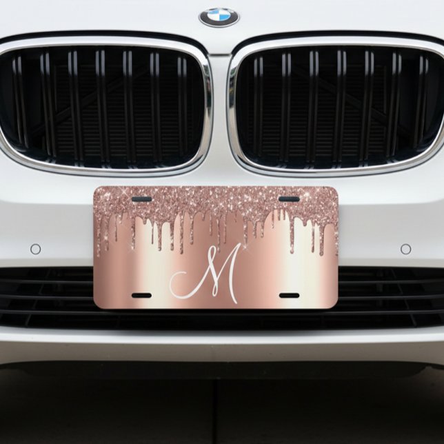 Monogram Rose Gold Metallic Glitter Drips License Plate (Creator Uploaded)