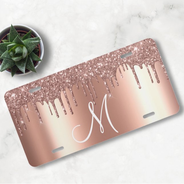 Monogram Rose Gold Metallic Glitter Drips License Plate (Creator Uploaded)