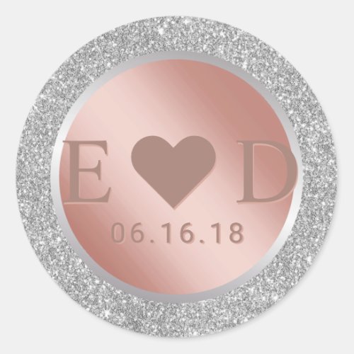 Monogram Rose Gold Modern Silver Glitter Wedding Classic Round Sticker