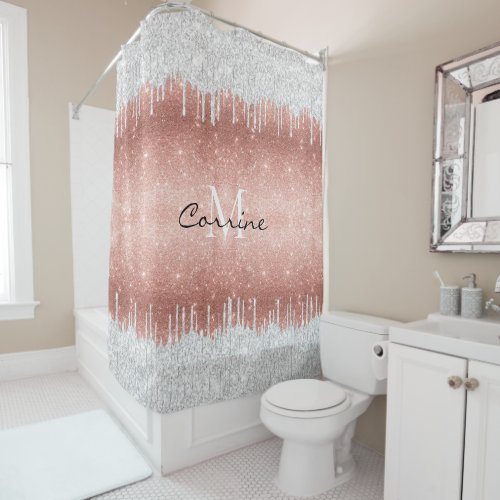 Monogram Rose Gold Ombre Glitter Silver Icing Drip Shower Curtain