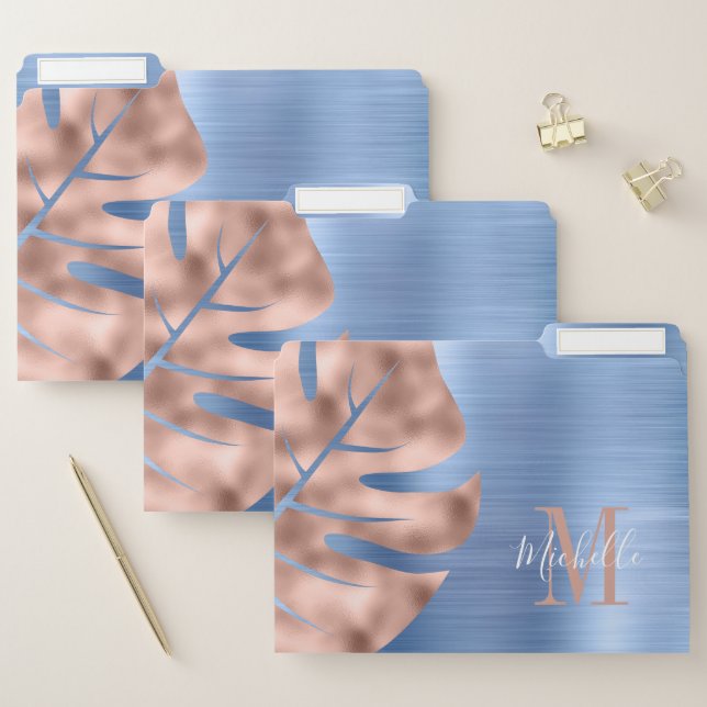 Monogram Rose Gold Palm Leaf Blue Brushed Metal File Folder (Set)