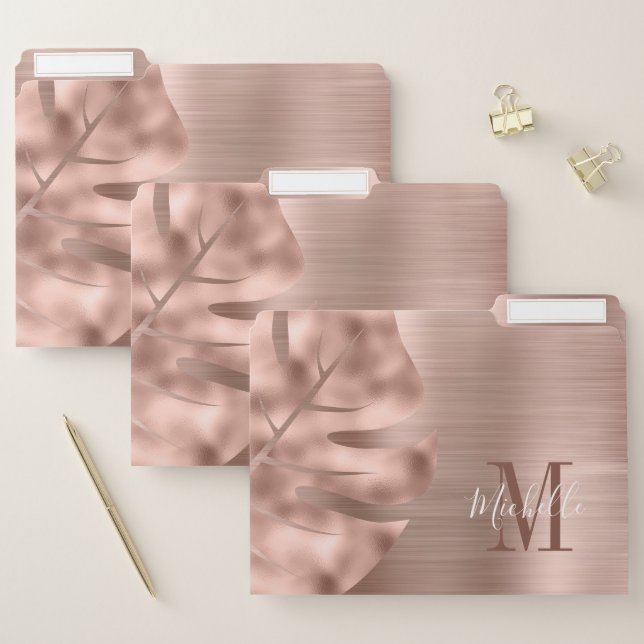 Monogram Rose Gold Palm Leaf Brushed Metal File Folder (Set)