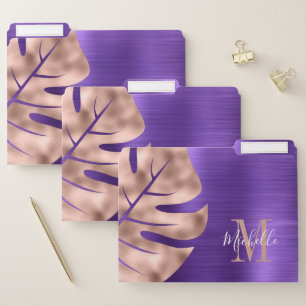 Monogram Rose Gold Palm Leaf Purple Brushed Metal File Folder