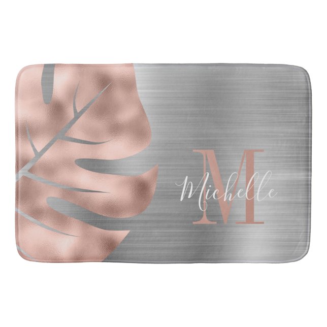 Monogram Rose Gold Palm Silver Leaf Brushed Metal  Bath Mat (Front)