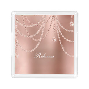 Monogram Rose Gold Pearls Diamonds Bling Glam Acrylic Tray